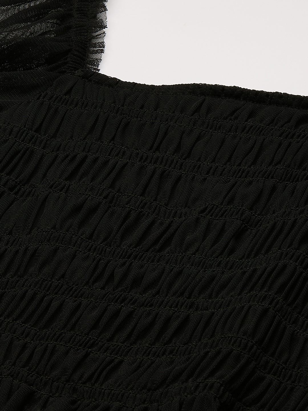 Black Smocked Net Fitted Crop Top