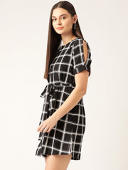 Women Black & White Checked A-Line Dress with Belt