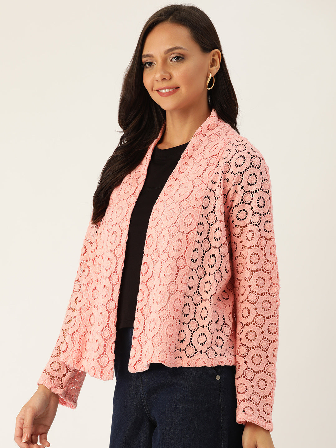 Rue Collection Women Pink Floral Self-Design Open Front Lace Shrug