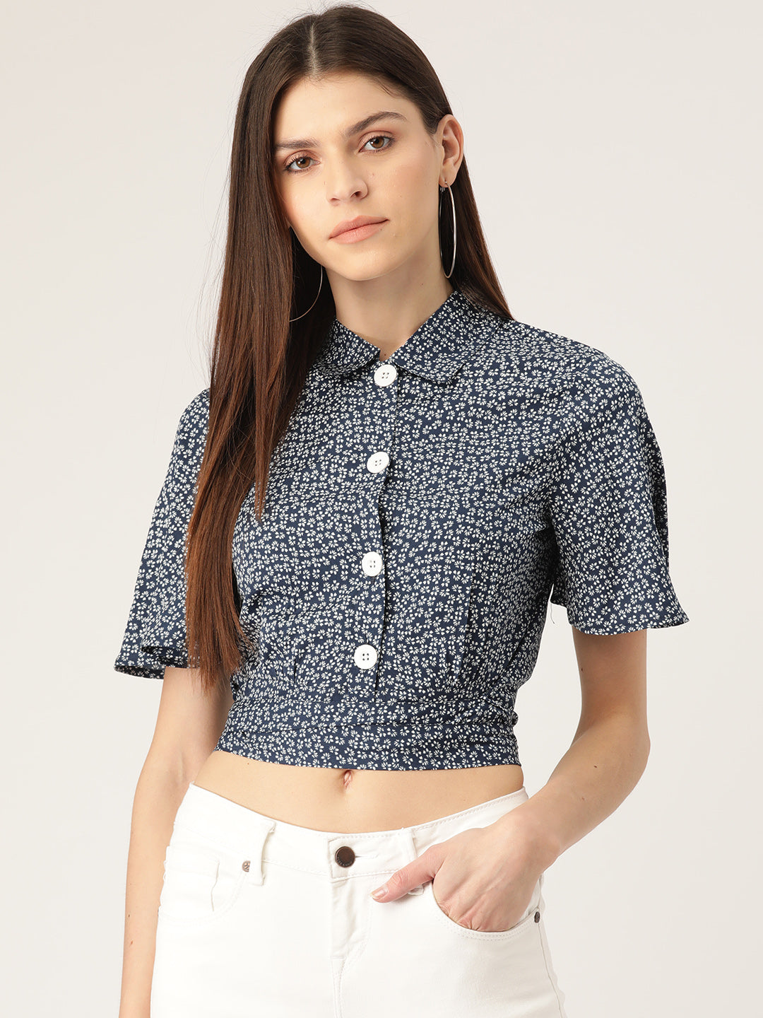Women Navy Blue & White Regular Fit Printed Crop Casual Shirt