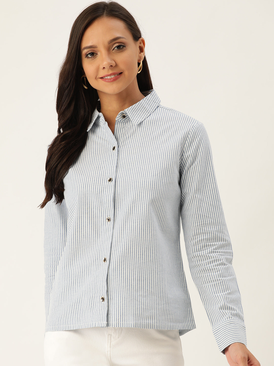 Rue Collection Women Blue & White Regular Fit Striped Casual Shirt