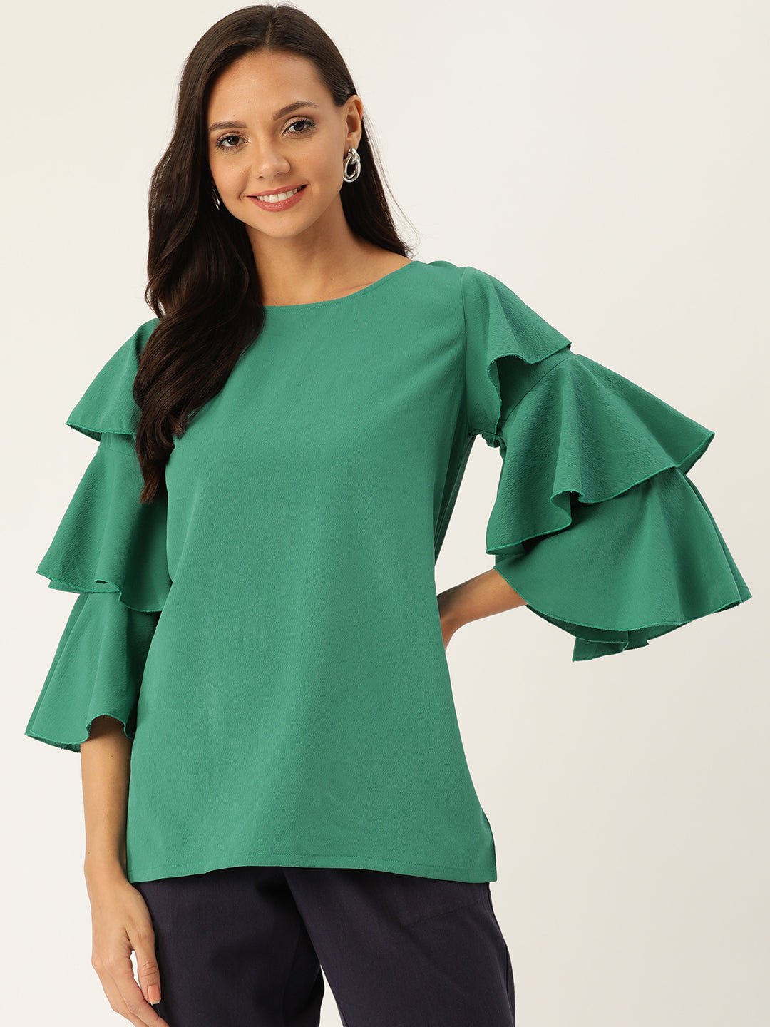 Rue Collection Women Green Layered Bell Sleeves Solid Top