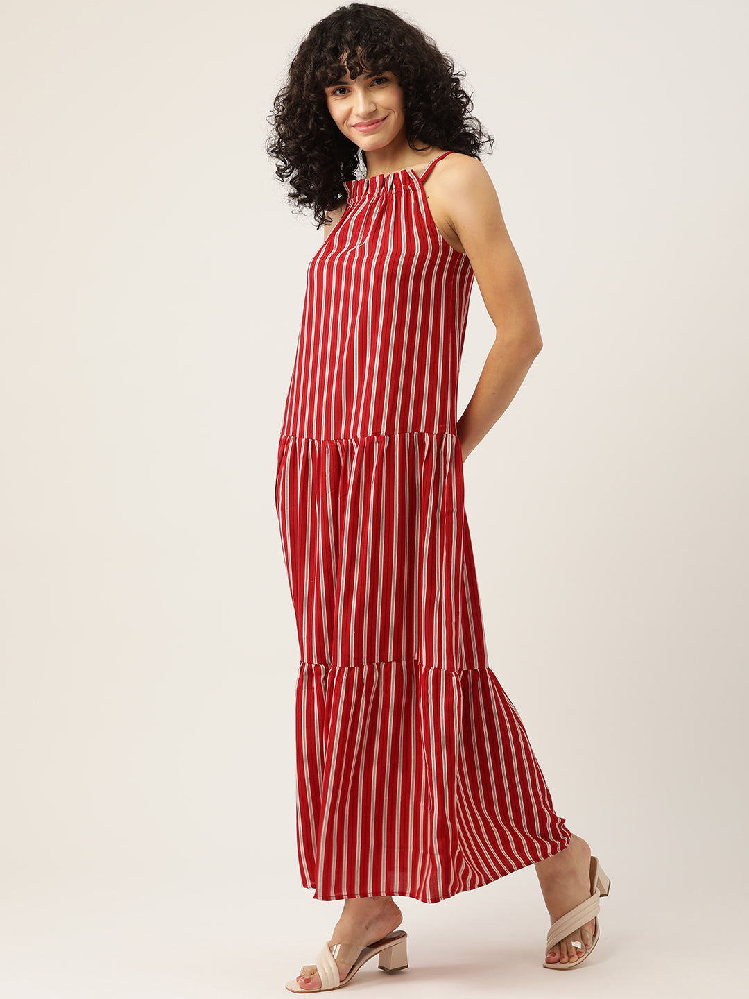 Red & White Striped Halter Neck Maxi Dress