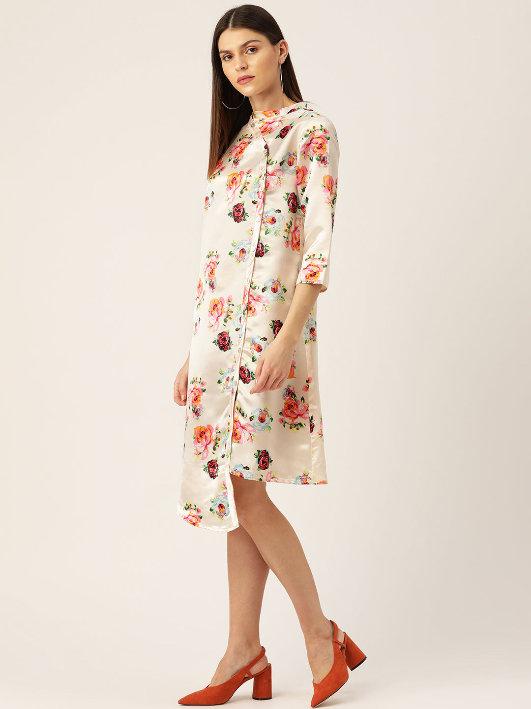 Women Cream-Colored & Pink Floral Printed Satin Finish Wrap Dress