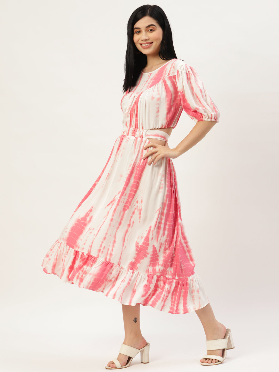 Women White & Pink Tie and Dye A-Line Midi Dress