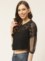 Women Black Embroidered Semi-Sheer Cropped Net Top