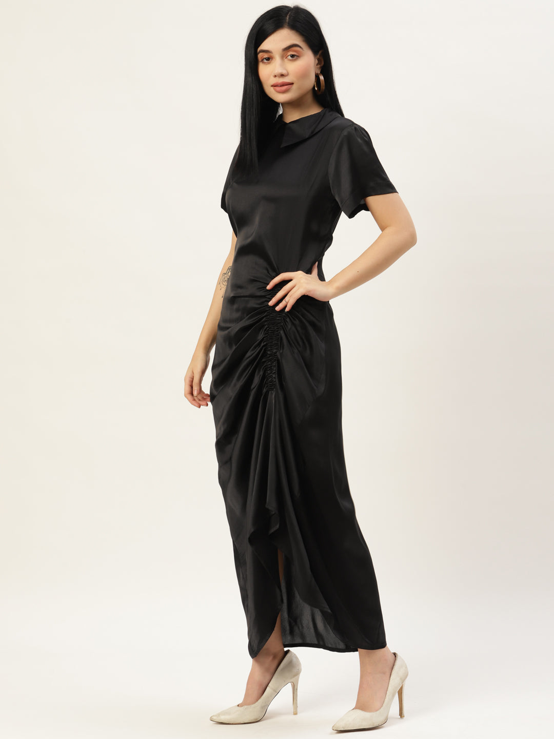 Women Black Solid Ruched Satin Maxi Dress