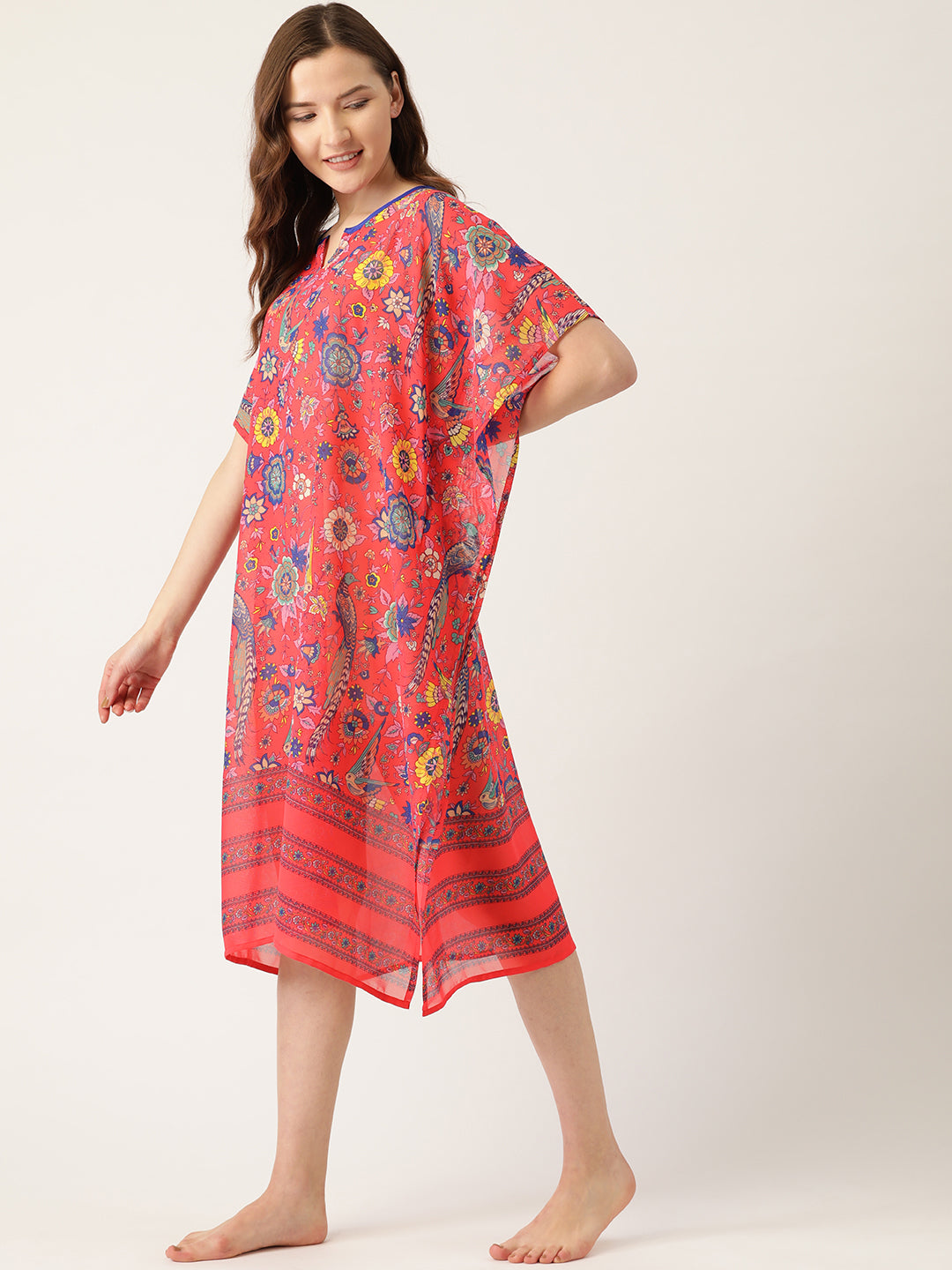 Women Coral Red & Blue Printed Cover-Up Kaftan Dress