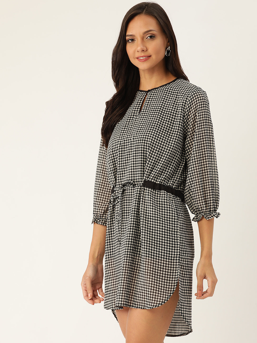 Rue Collection Women White & Black Checked A-Line Dress