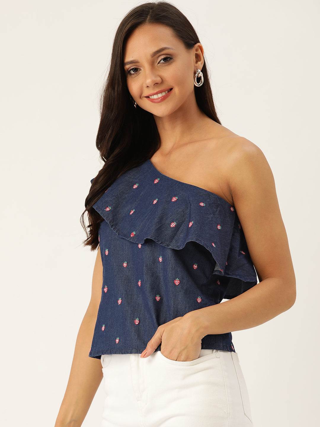 Rue Collection Women Navy Blue & Red Embroidered Chambray One-Shoulder Top