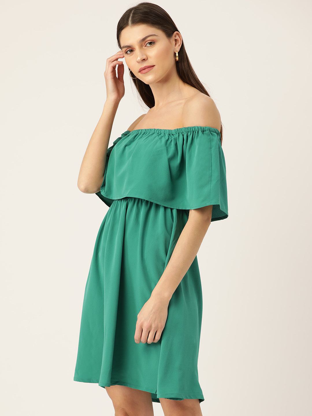Women Green Solid Off-Shoulder Layered Fit & Flare Dress