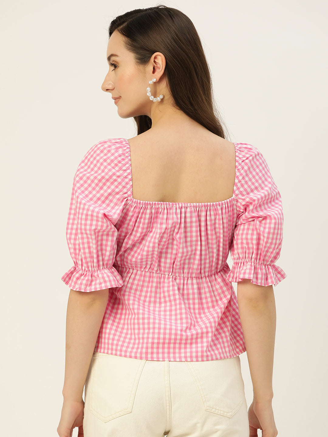 Rue Collection Pink & White Checked Sweetheart Neck Blouson Top