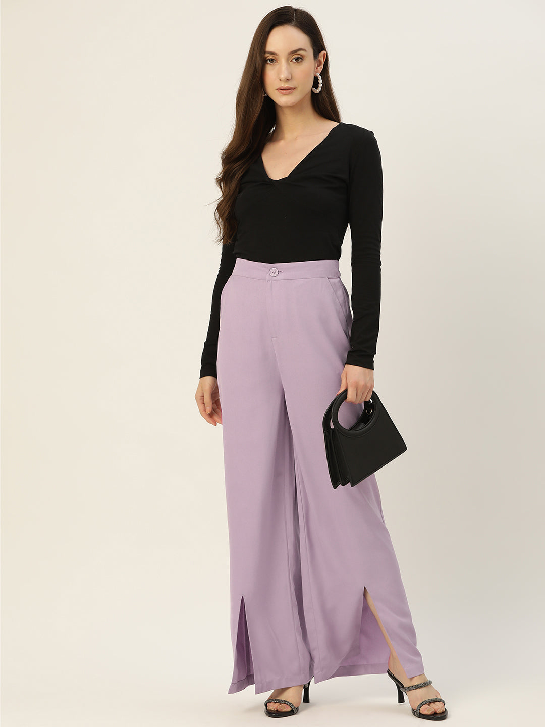 Rue Collection Women Lavender Relaxed Loose Fit High-Rise Trousers
