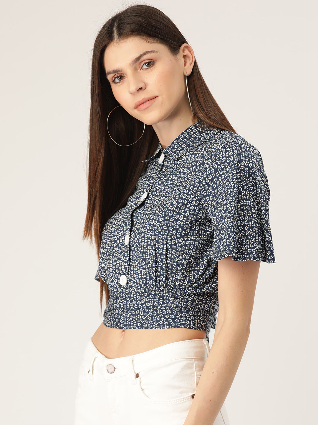 Women Navy Blue & White Regular Fit Printed Crop Casual Shirt