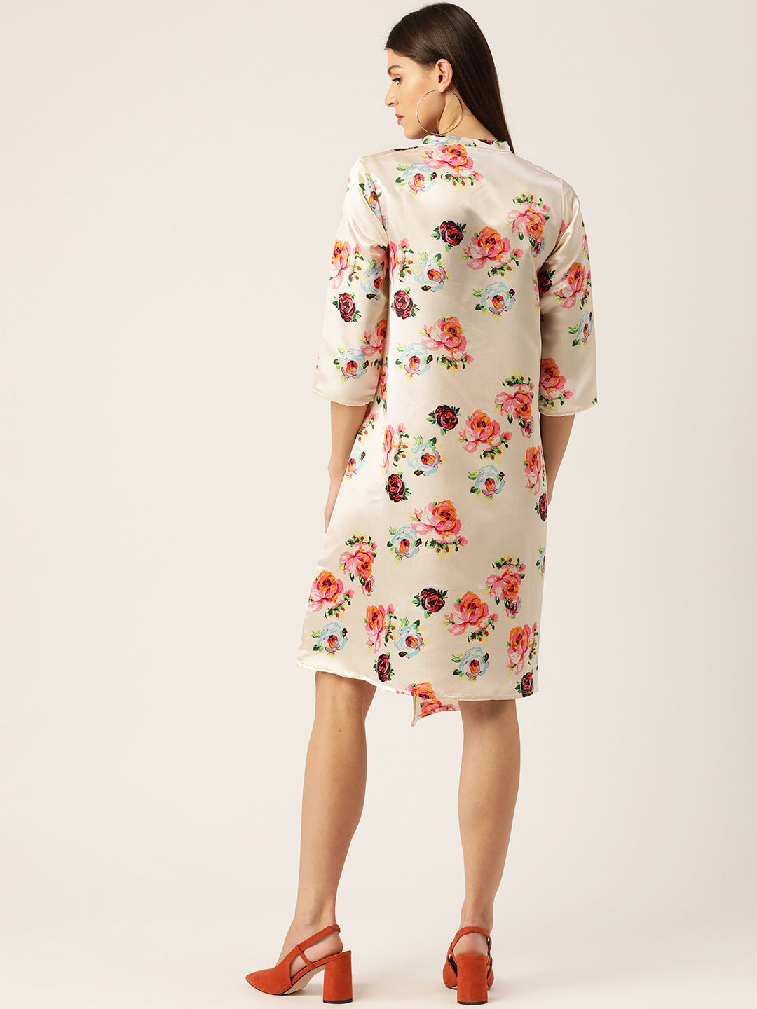 Women Cream-Colored & Pink Floral Printed Satin Finish Wrap Dress