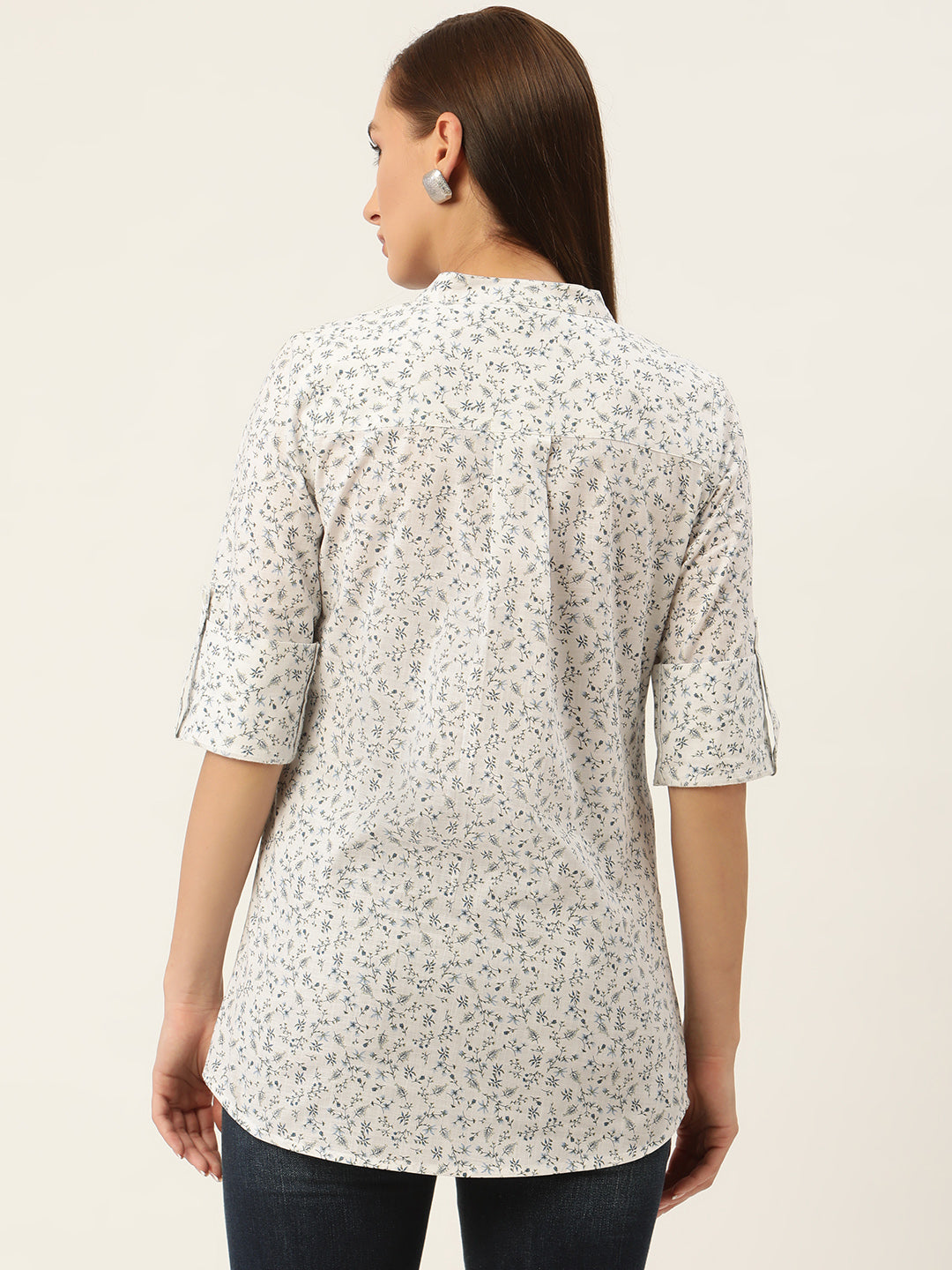 Off White & Grey Floral Print Roll-Up Sleeves Shirt Style Top