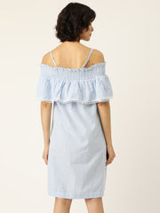 Blue & White Pure Cotton Striped Blouson Dress