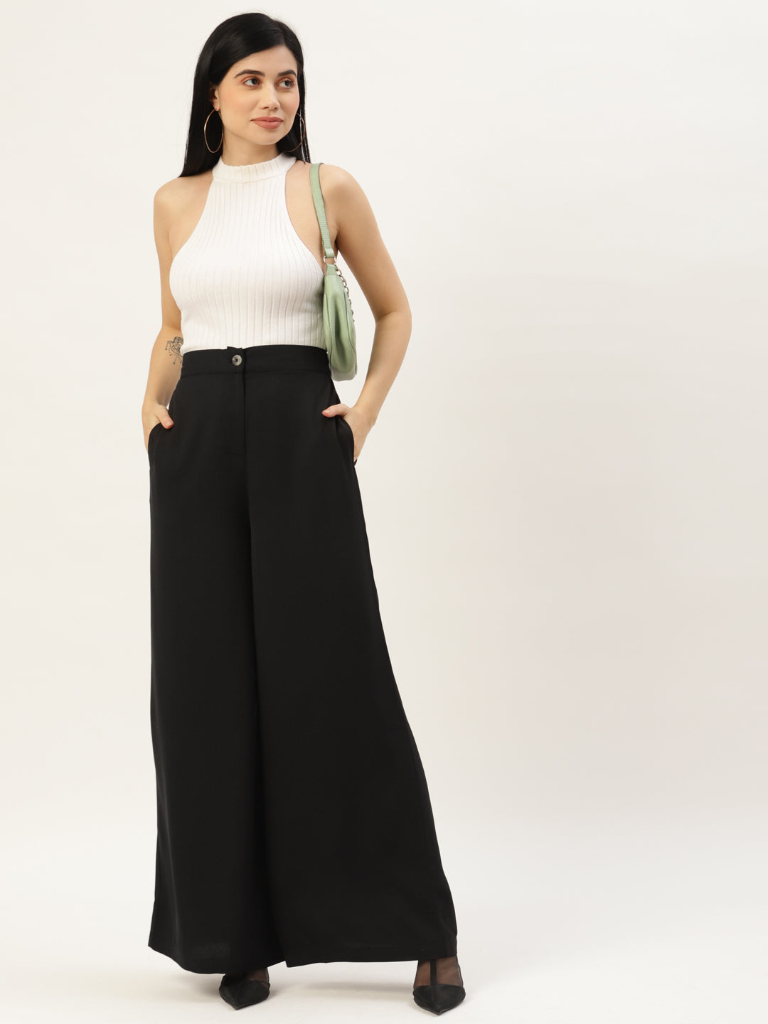Women Black Solid High-Rise Parallel Trousers