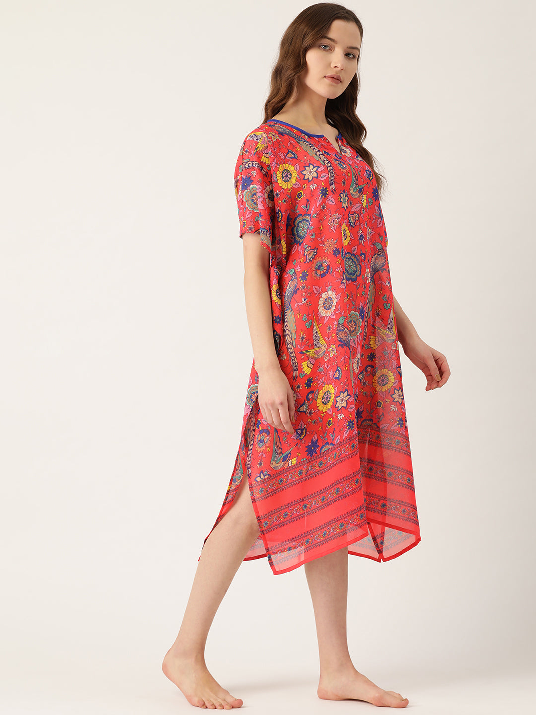 Women Coral Red & Blue Printed Cover-Up Kaftan Dress