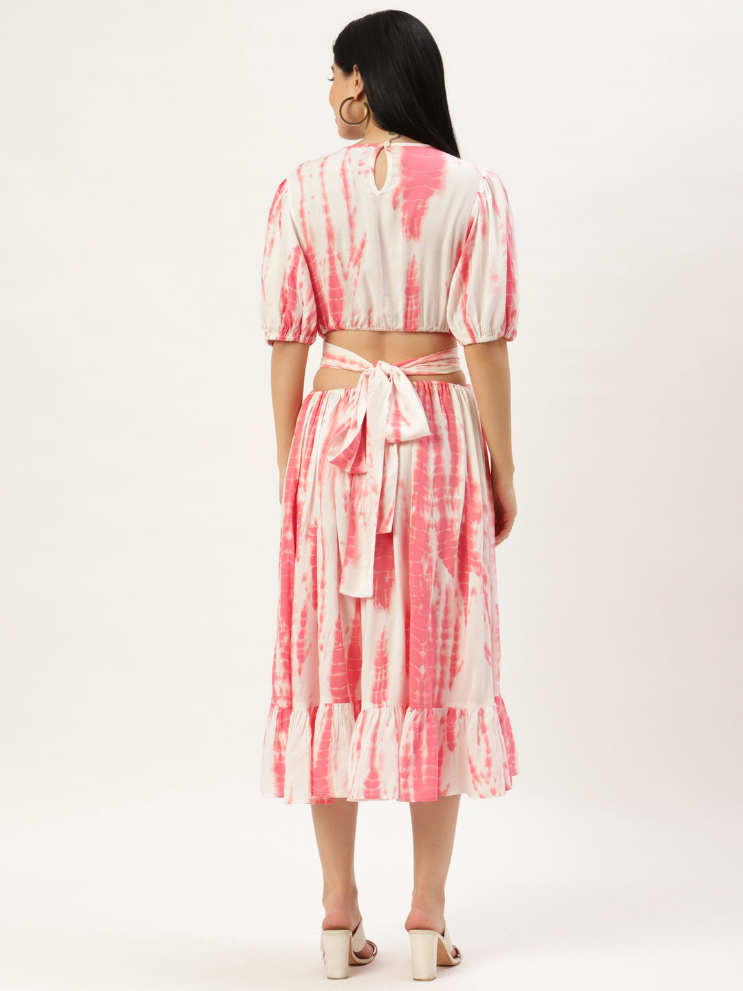 Women White & Pink Tie and Dye A-Line Midi Dress