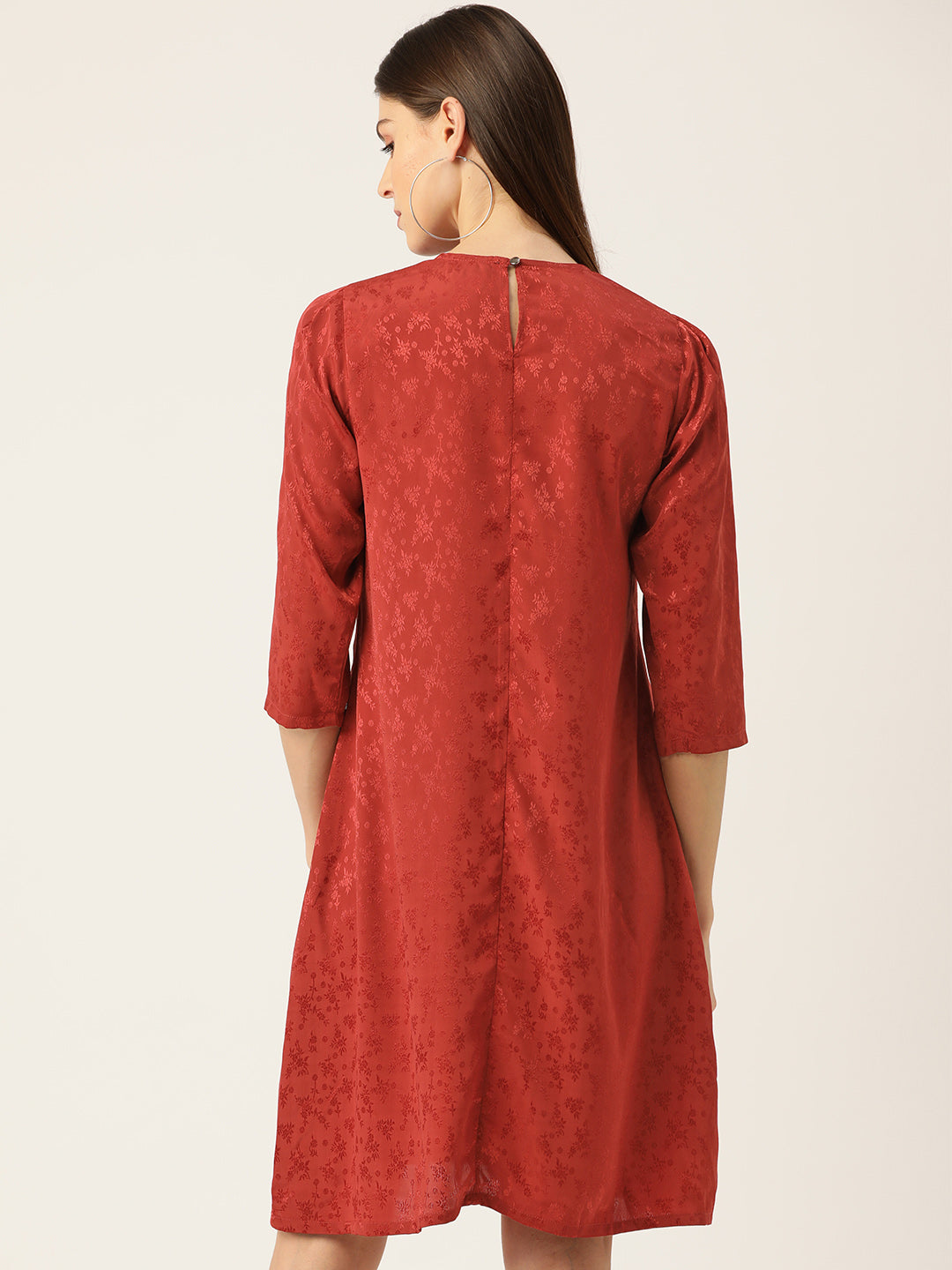 Women Rust Red Self Design A-Line Dress