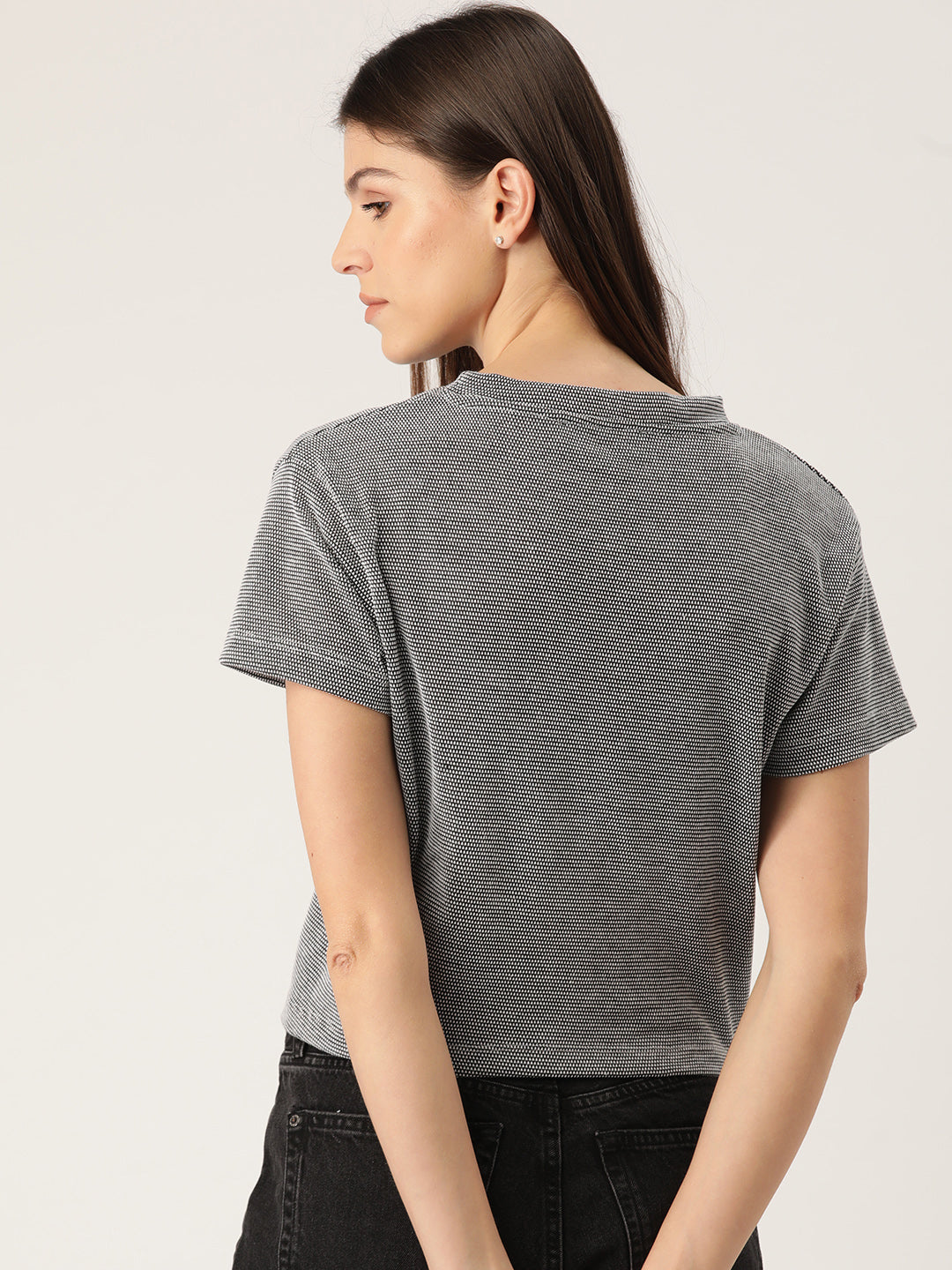 Women Charcoal Grey & White Self-Design Crop Top