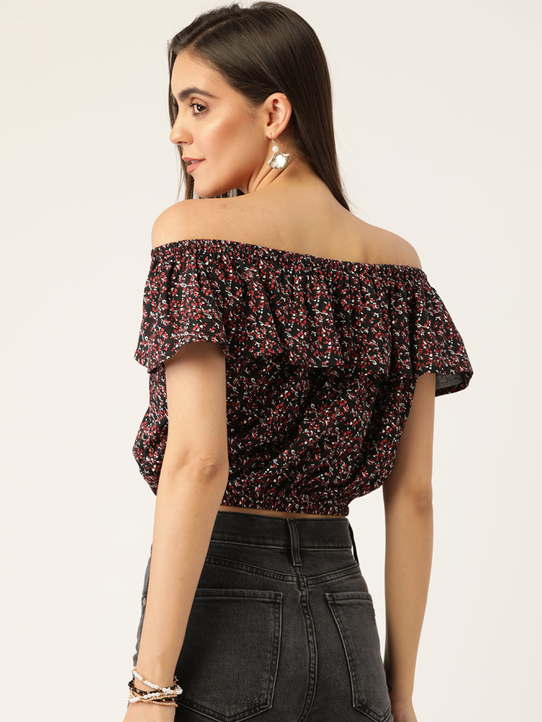 Black & Red Floral Print Off-Shoulder Bardot Crop Top