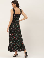 Black Ditsy Floral Smocked Detail Maxi Dress