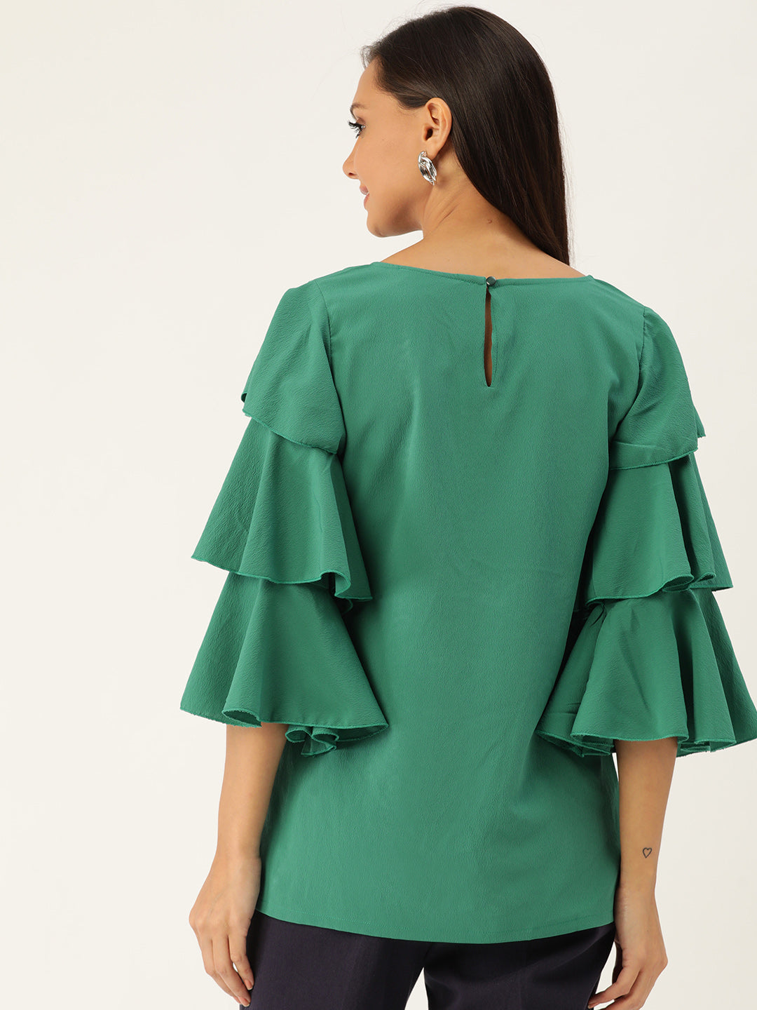 Rue Collection Women Green Layered Bell Sleeves Solid Top