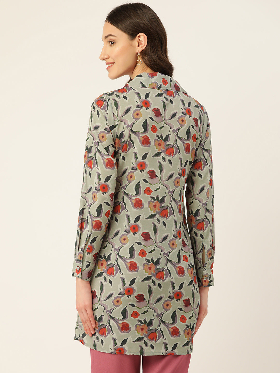 Floral Print Crepe Shirt Style Longline Top