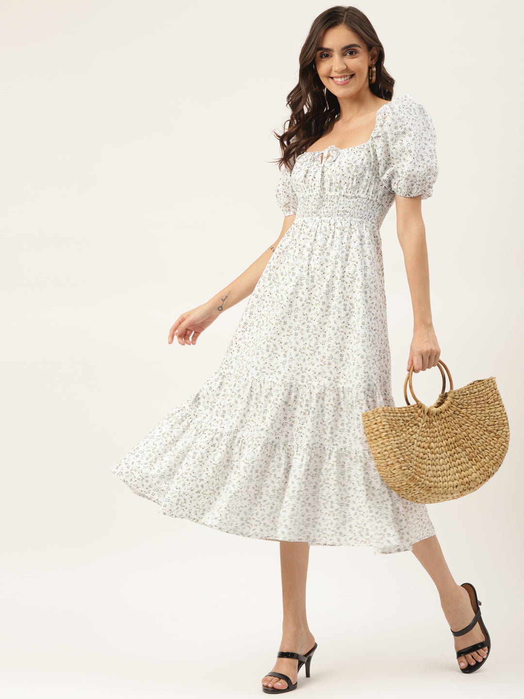 White & Green Ditsy Floral Puff Sleeves Cotton Midi Dress