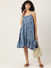 Blue Floral A-Line Pure Cotton Dress