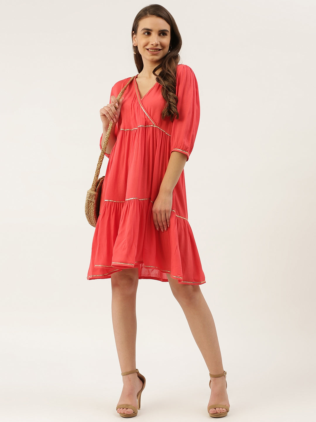 Women Coral Solid A-Line Dress