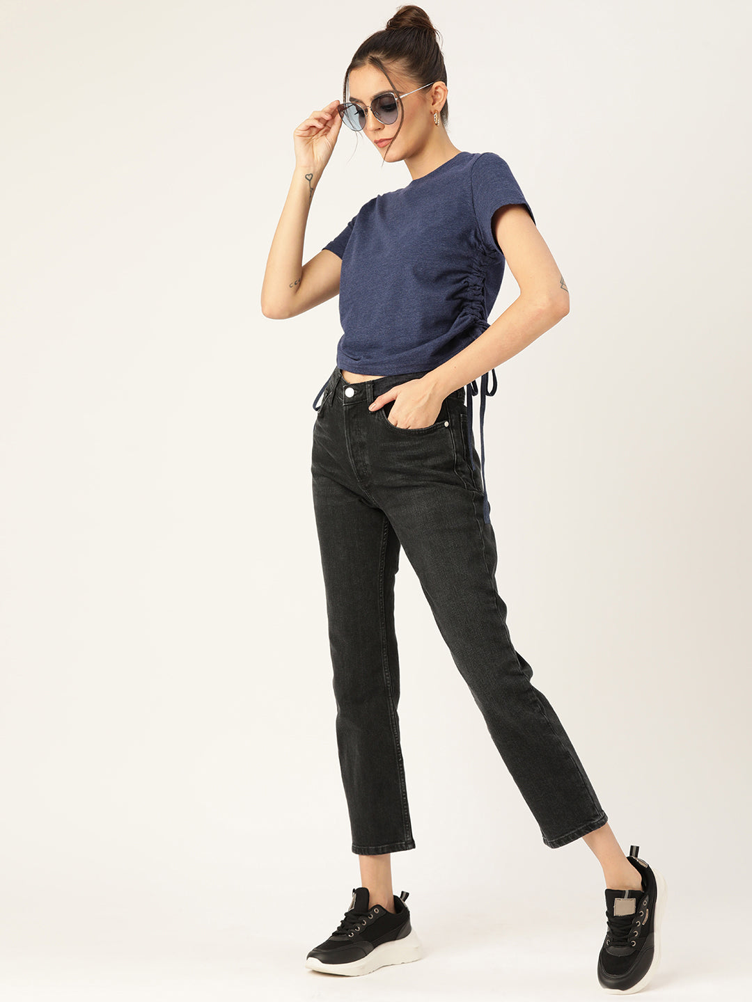 Navy Blue Solid Knot Detail Top
