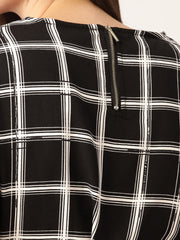 Women Black & White Checked A-Line Dress with Belt