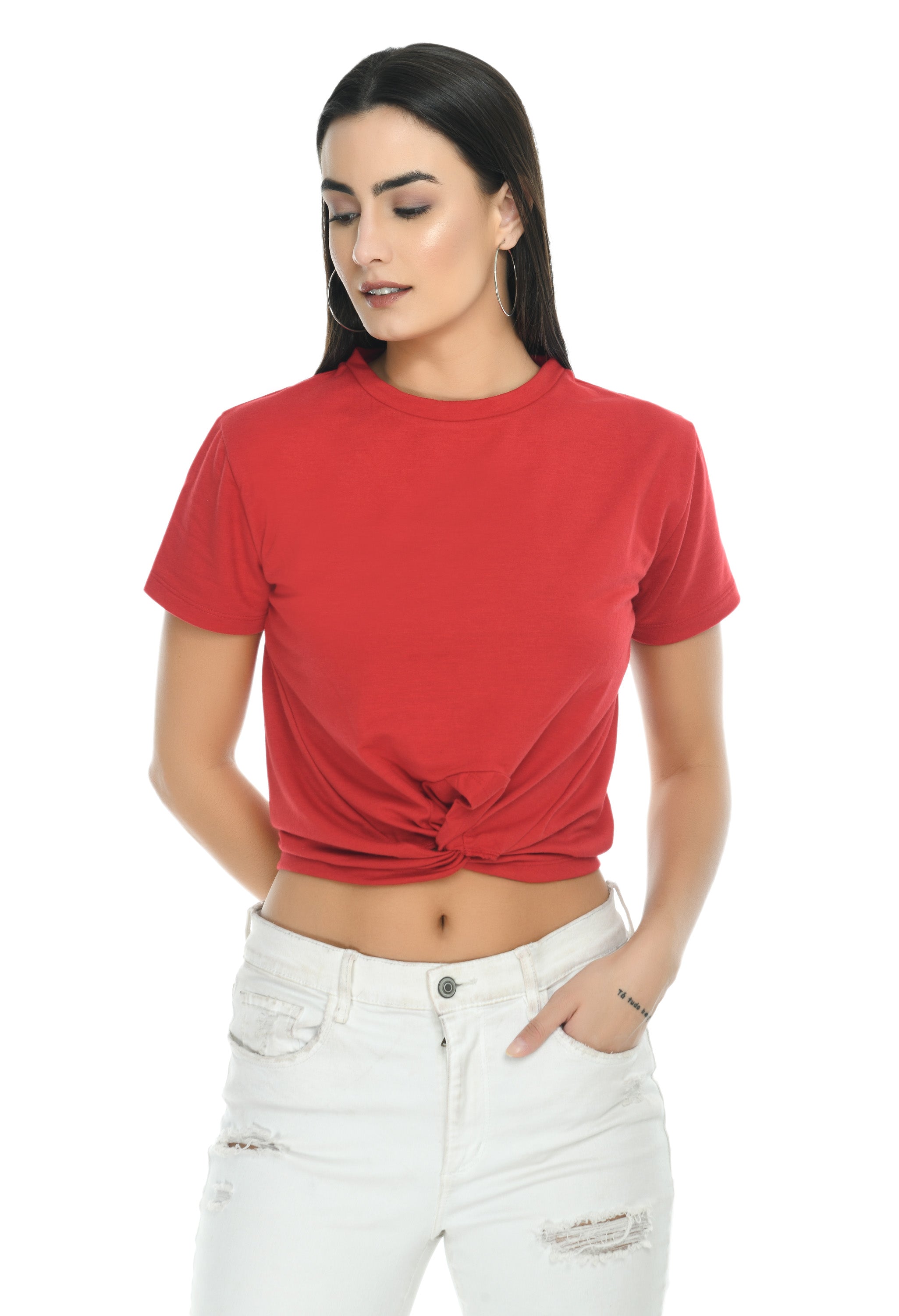 Rue Collection Red Color Round Neck Short Sleeve Crop Top for Women & Girl
