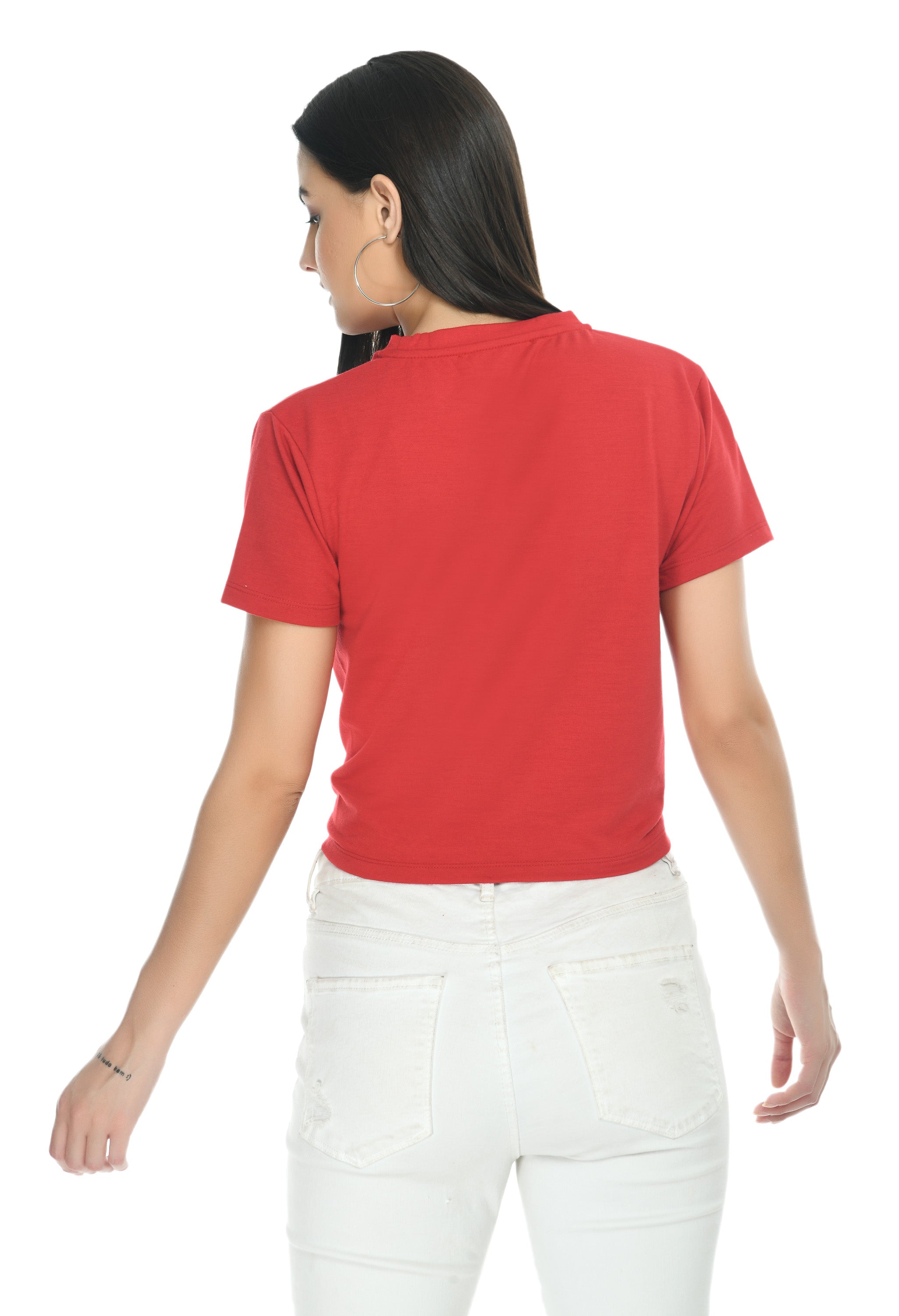 Rue Collection Red Color Round Neck Short Sleeve Crop Top for Women & Girl