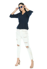 Navy Blue Solid Cinched Waist Top