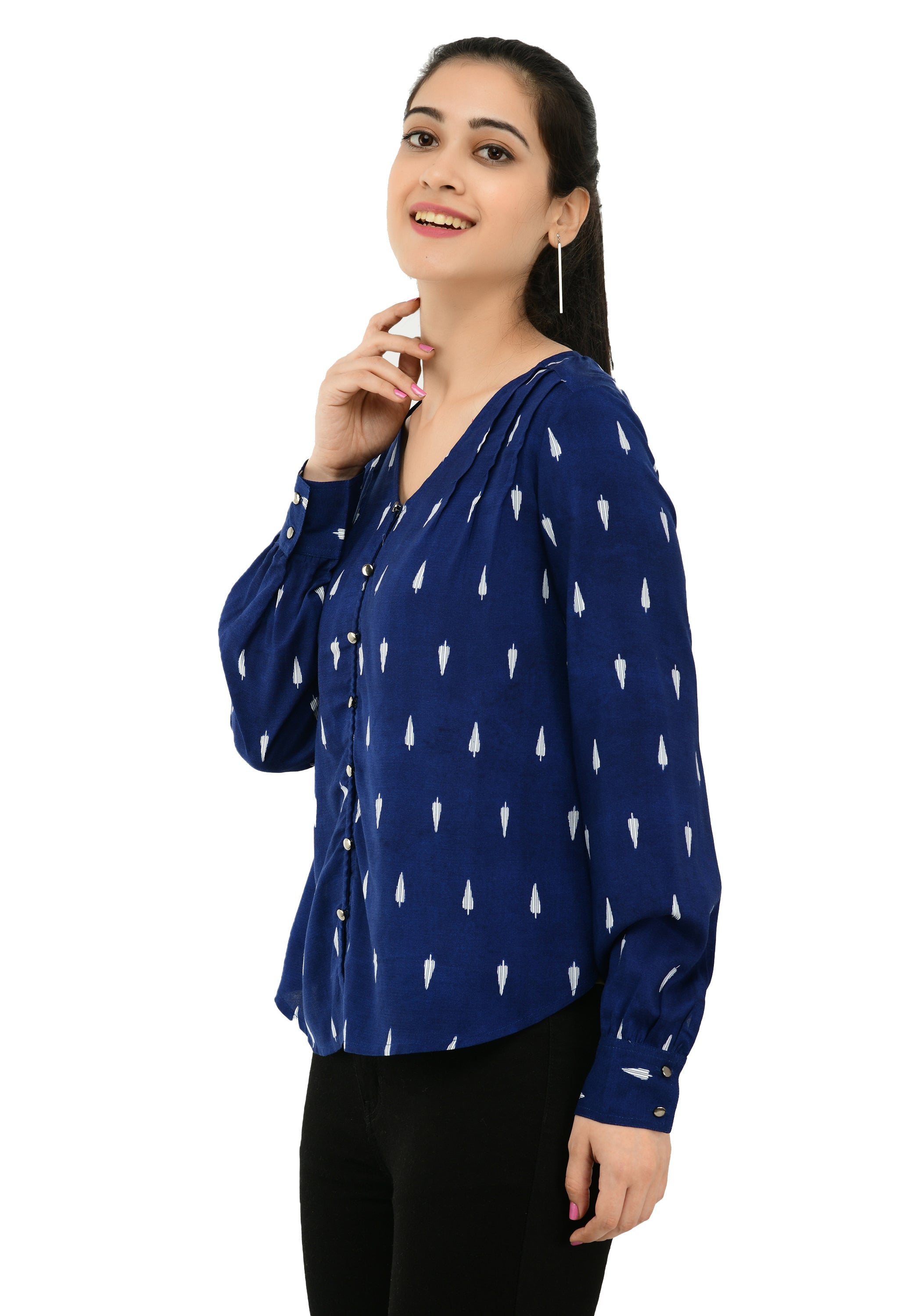 Women Navy Blue Shirt Style Top