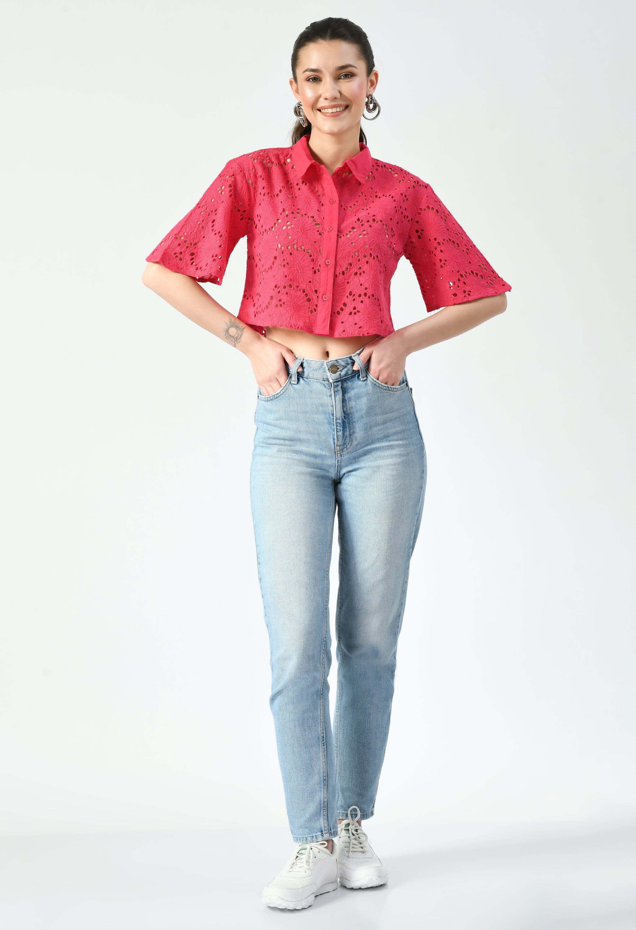 Pink Cutwork Embroidery Cropped Shirt