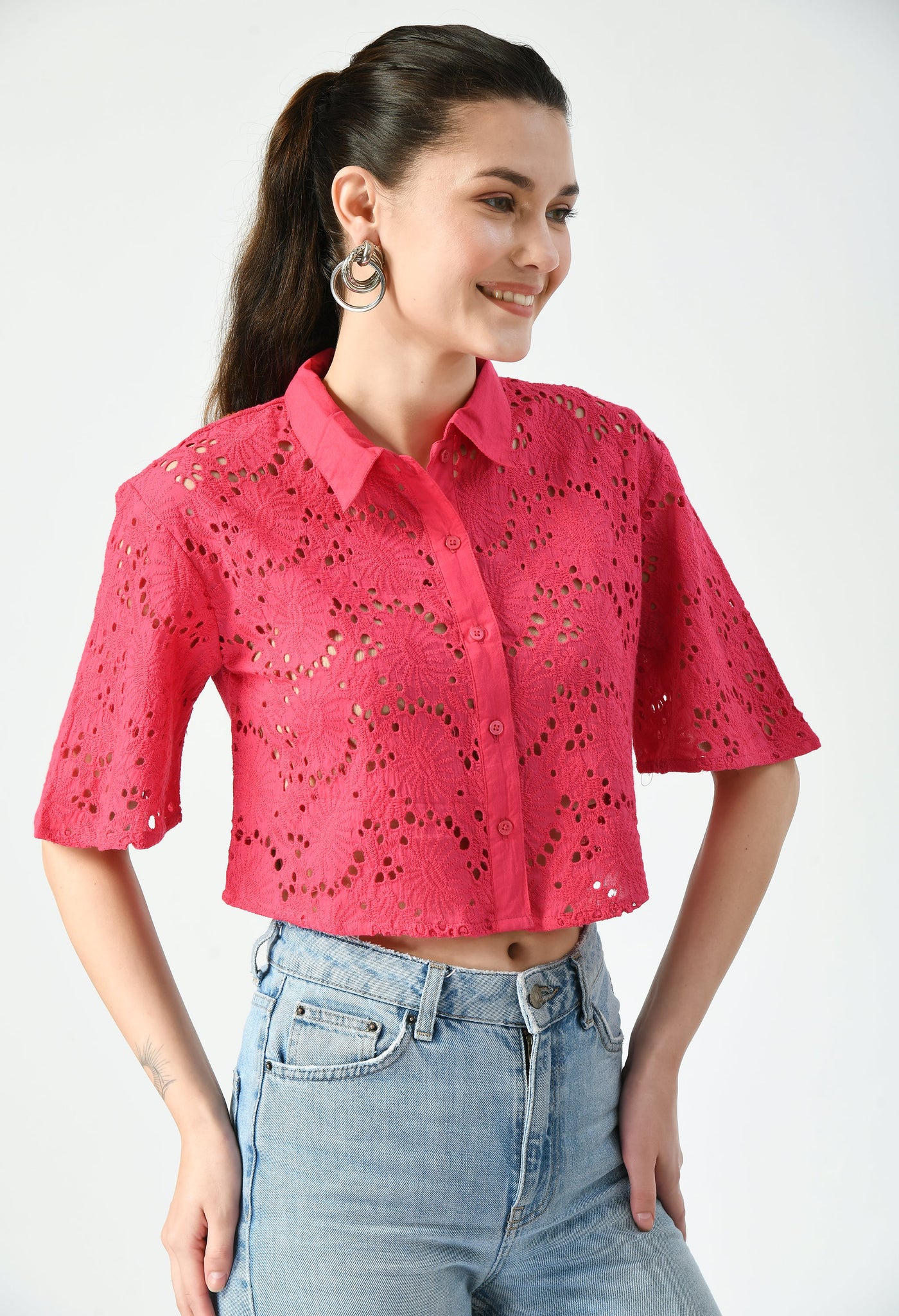 Pink Cutwork Embroidery Cropped Shirt