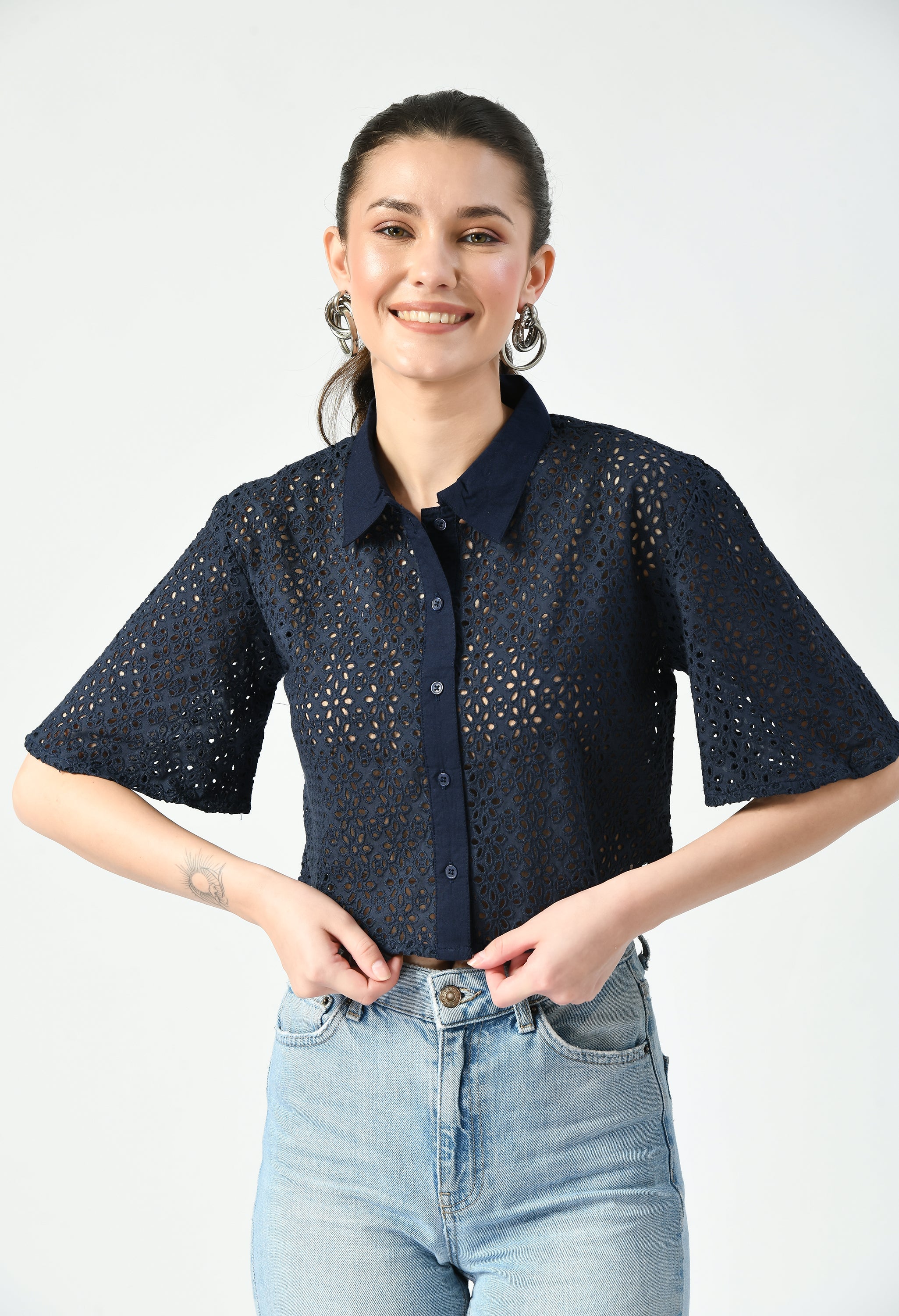 Navy Cutwork Embroidery Cropped Shirt