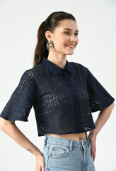 Navy Cutwork Embroidery Cropped Shirt