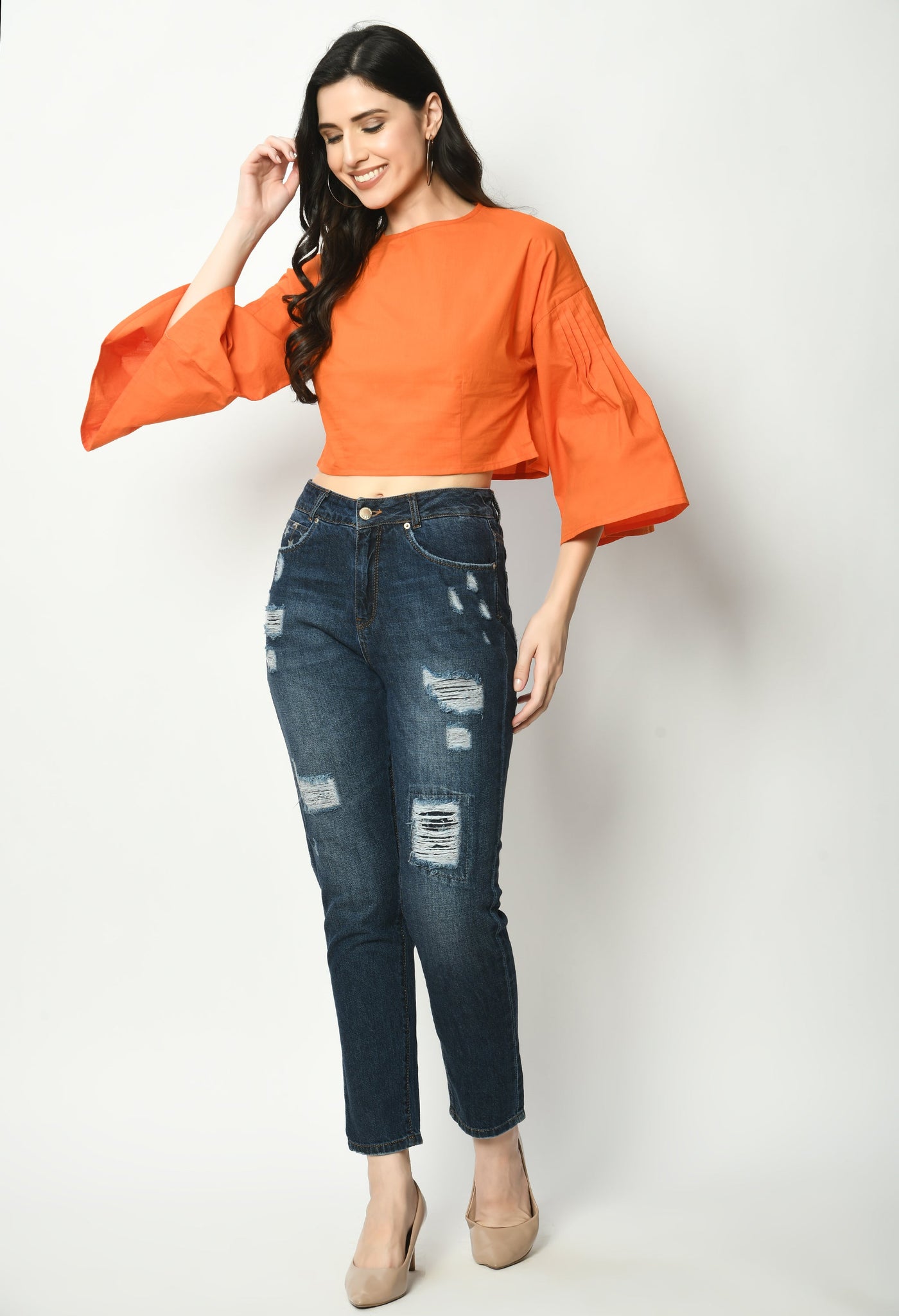 Cropped Poplin Pleated Flared Sleeves Top