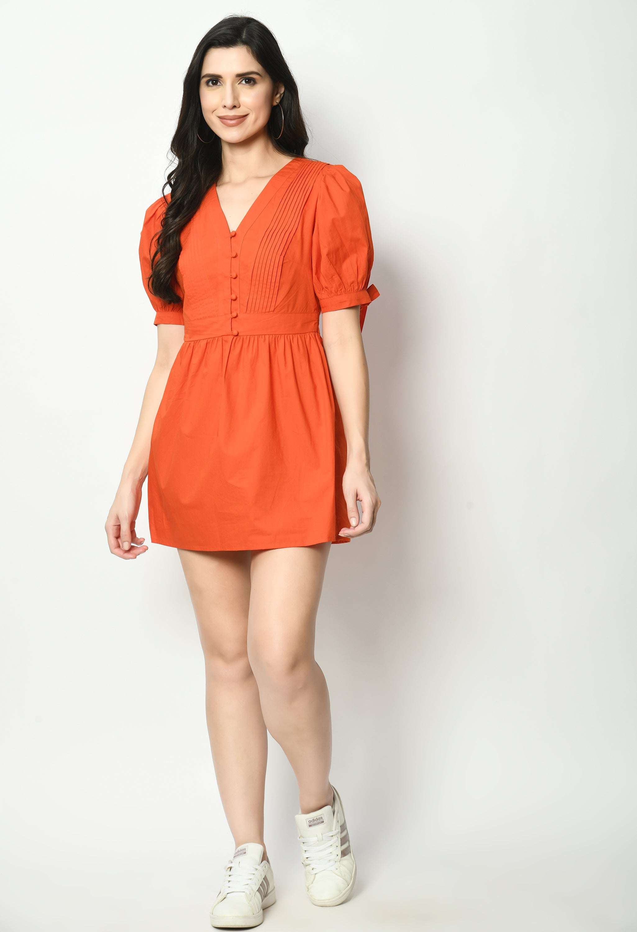 Short Poplin Puff Sleeved Dress With Front Buttons