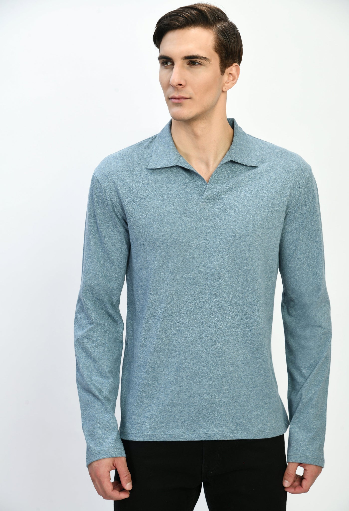Blue Mlange solid polo collar T- S