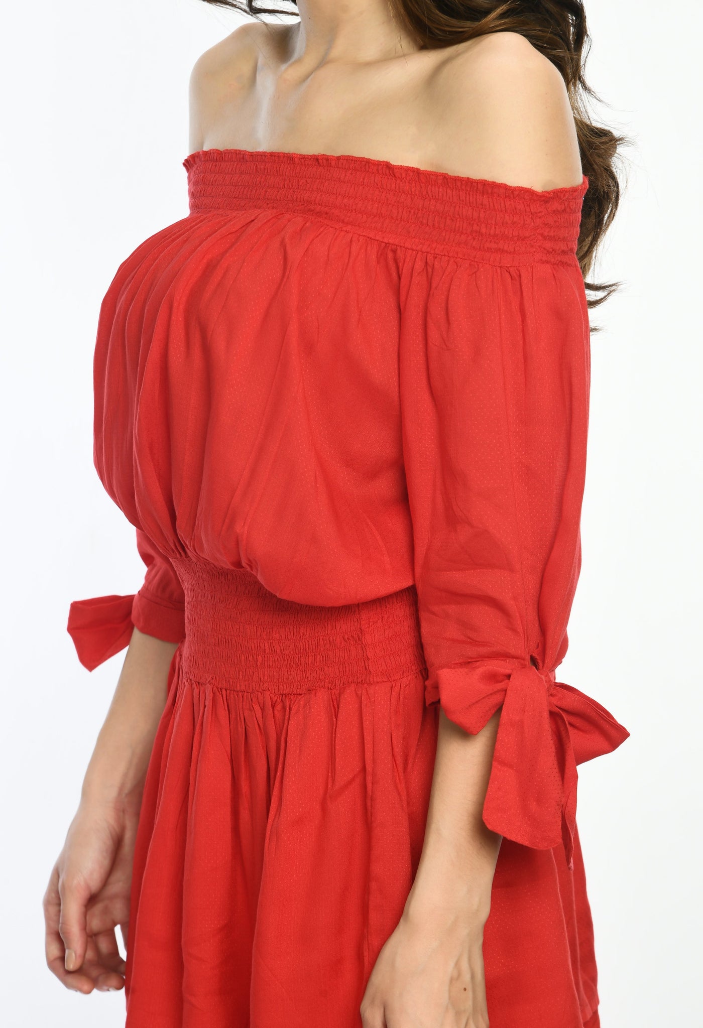 Red Off Shoulder Tiered Dress