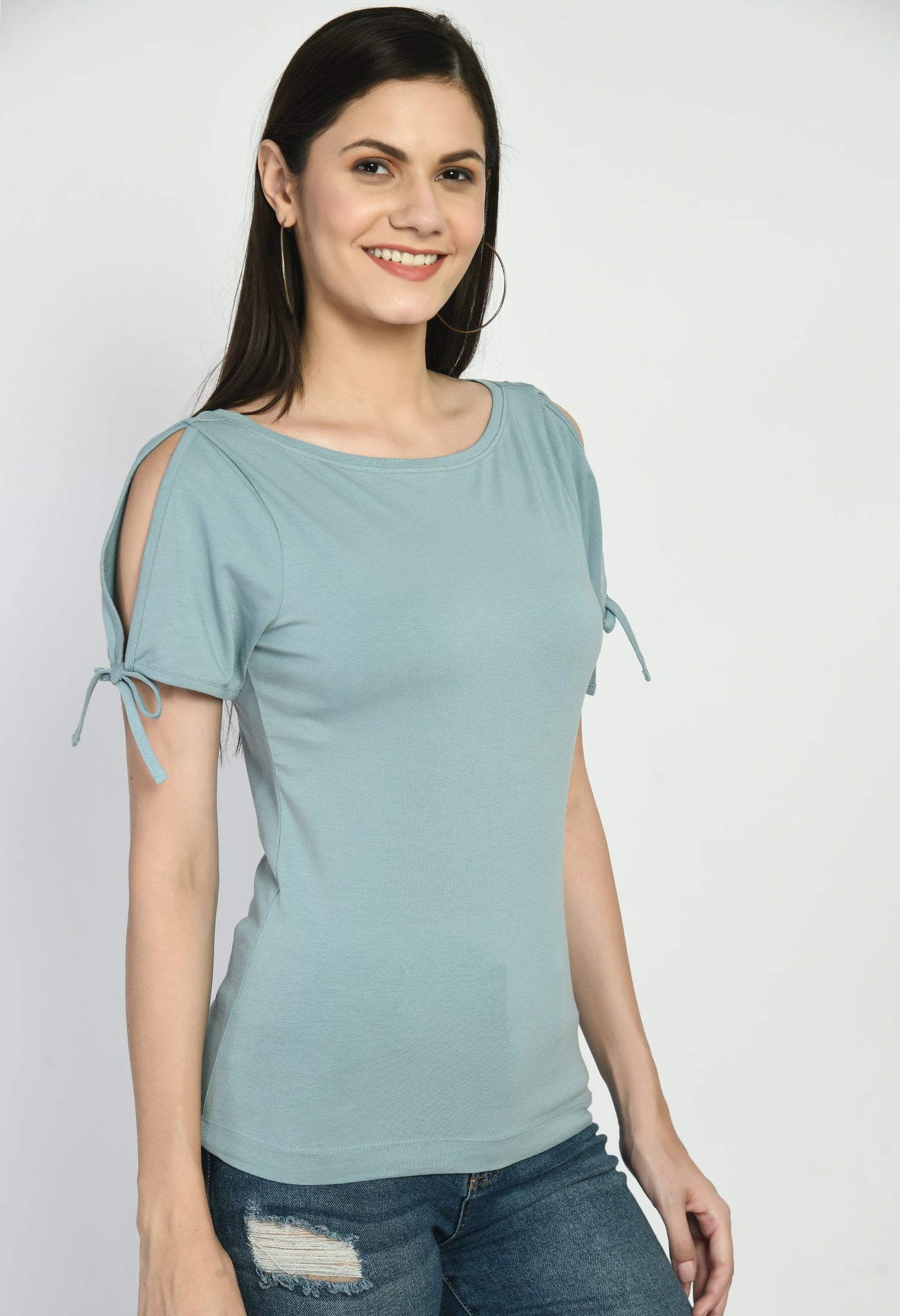 Knitted Top With Open Tie-Up Half Sleeves