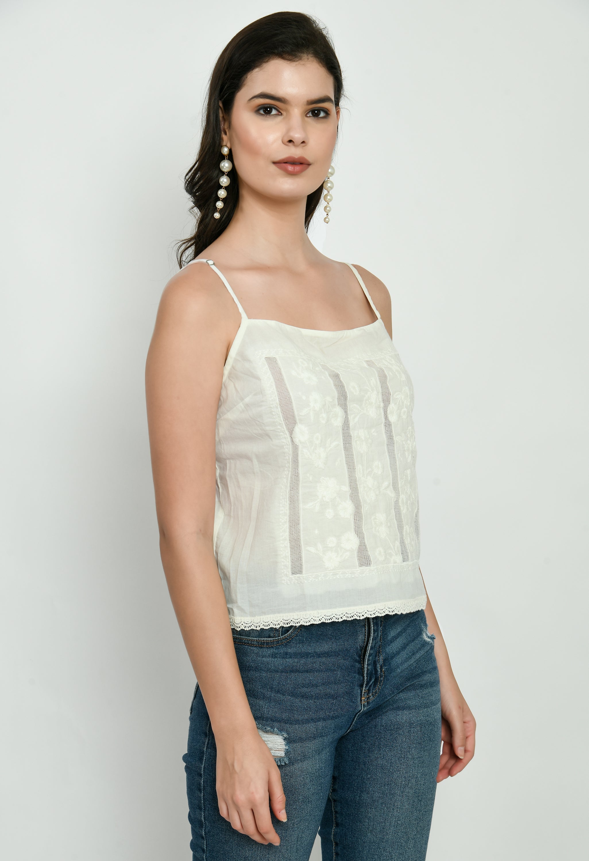 White Embroidered Sleeveless Top