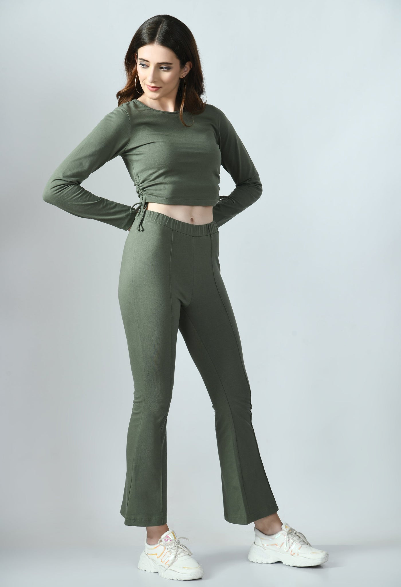 Olive Knitted Cropped Top & Straight Pants Co-ords